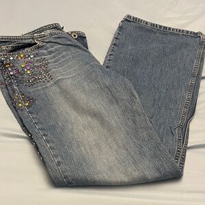 Express Blue Straight Leg Jeans with Colorful Embellishments